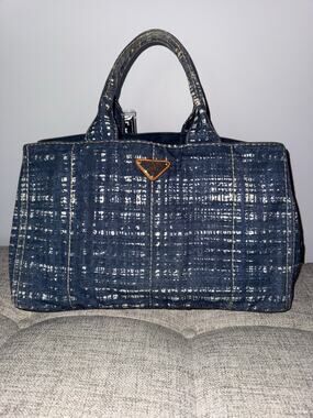 Prada Canapa Stampata Vintage Canvas Tote Blue/White Abstract Print